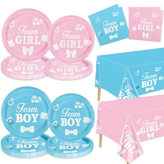 Gender Reveal Decorations - Including Gender Reveal Plates, Napkins, Team Boy Team Girls Tablecloth for Baby Shower He or She Gender Reveal Party Supplies, Serve 20 Guest