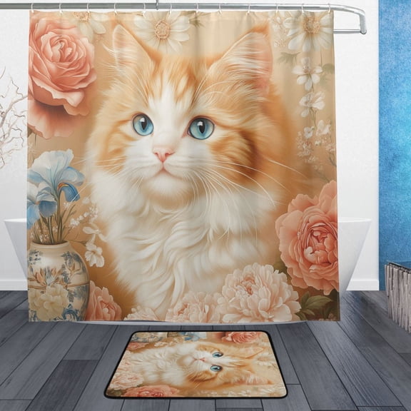BZSMCE Shower Curtain and Bath Accessory Set,Fluffy Companion with Blooms Pattern