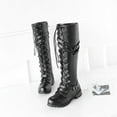 thumbnail image 4 of Juosiy Women's Knee High Riding Combat Boots Faux Leather Lace Up Low Heel Buckle Boots with Side Zipper, 4 of 8