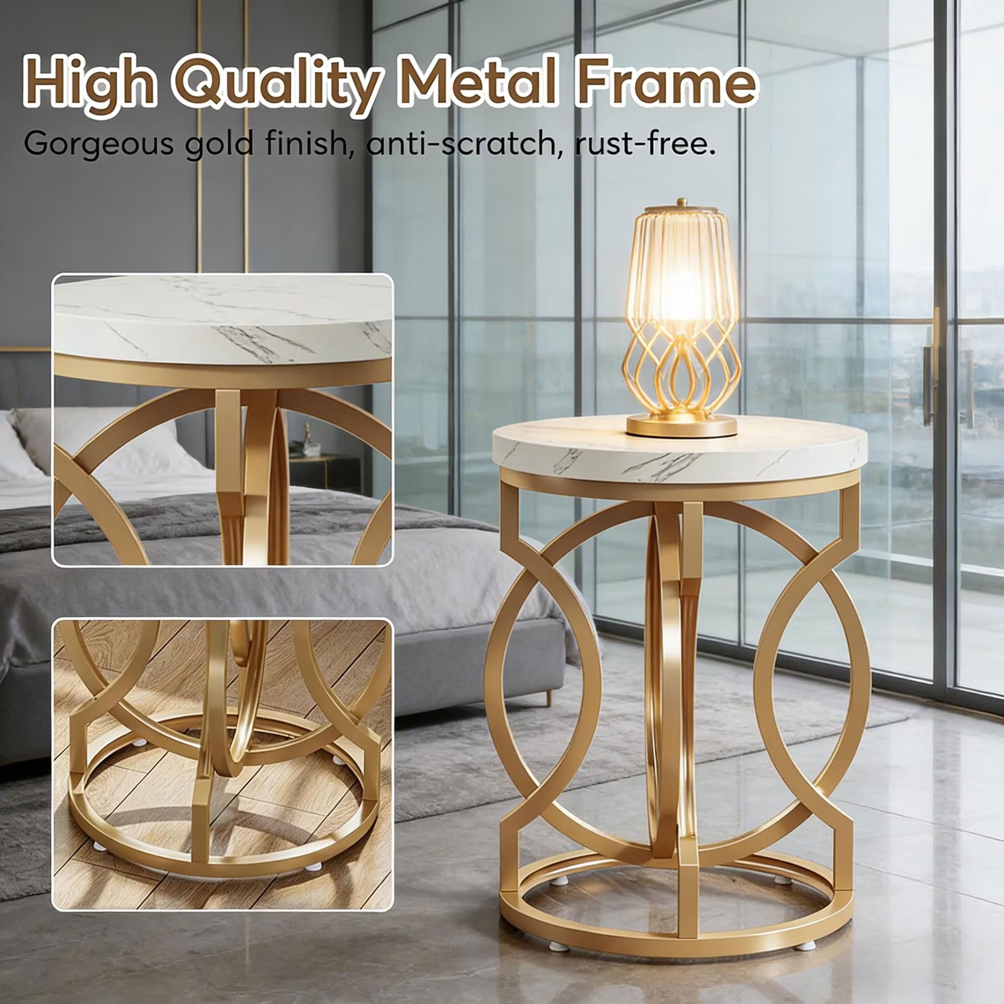 MAYEERTY Round End Table, Modern Bedside Table with Faux Marble Top and Metal Frame, for Living Room, Bedroom, Small Spaces
