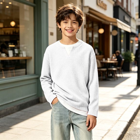 Abcomgle Boys Long Sleeve Shirts 10-12 Henley Fall Tshirts for Boys Waffle Basic Boys Tops Waffle Fake Two Piece Boys Tee Tops