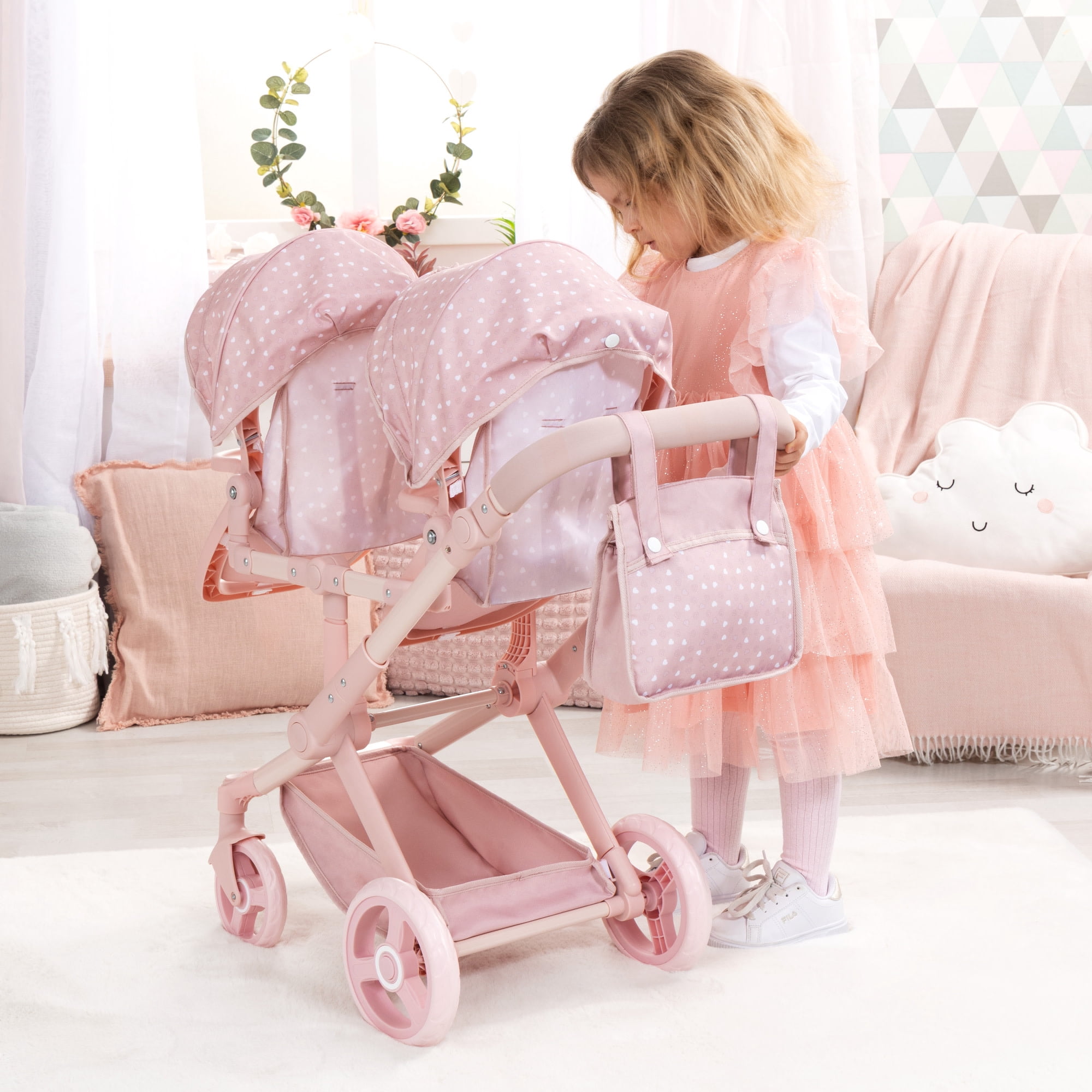 Bayer Design: Doll Pram Xeo Twin - Soft Pink & Polka Dot - Push Stroller, 2 Adjustable Seats & Handle, Handbag, Toy Accessory Fits 18" Dolls, Kids 3+