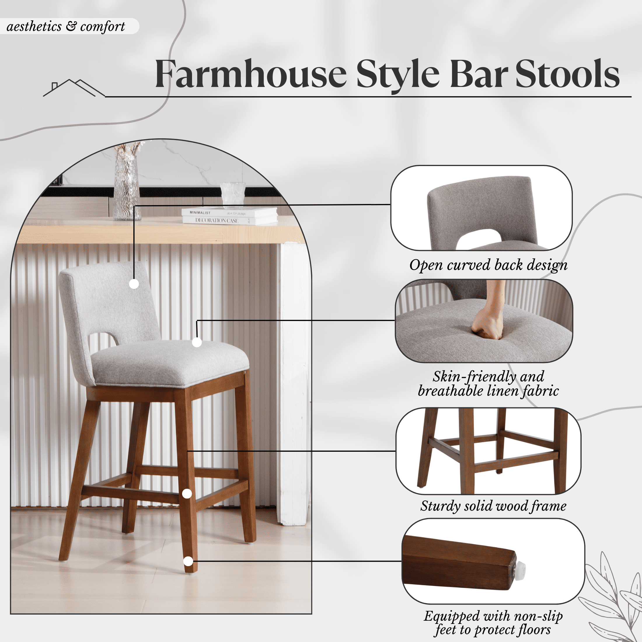 Guyou Linen Bar Stools Set of 2, 26" Modern Counter Height Barstools, Farmhouse Wooden Kitchen Island Chairs with Open Back for Restaurant Kitchen Bar, Grey