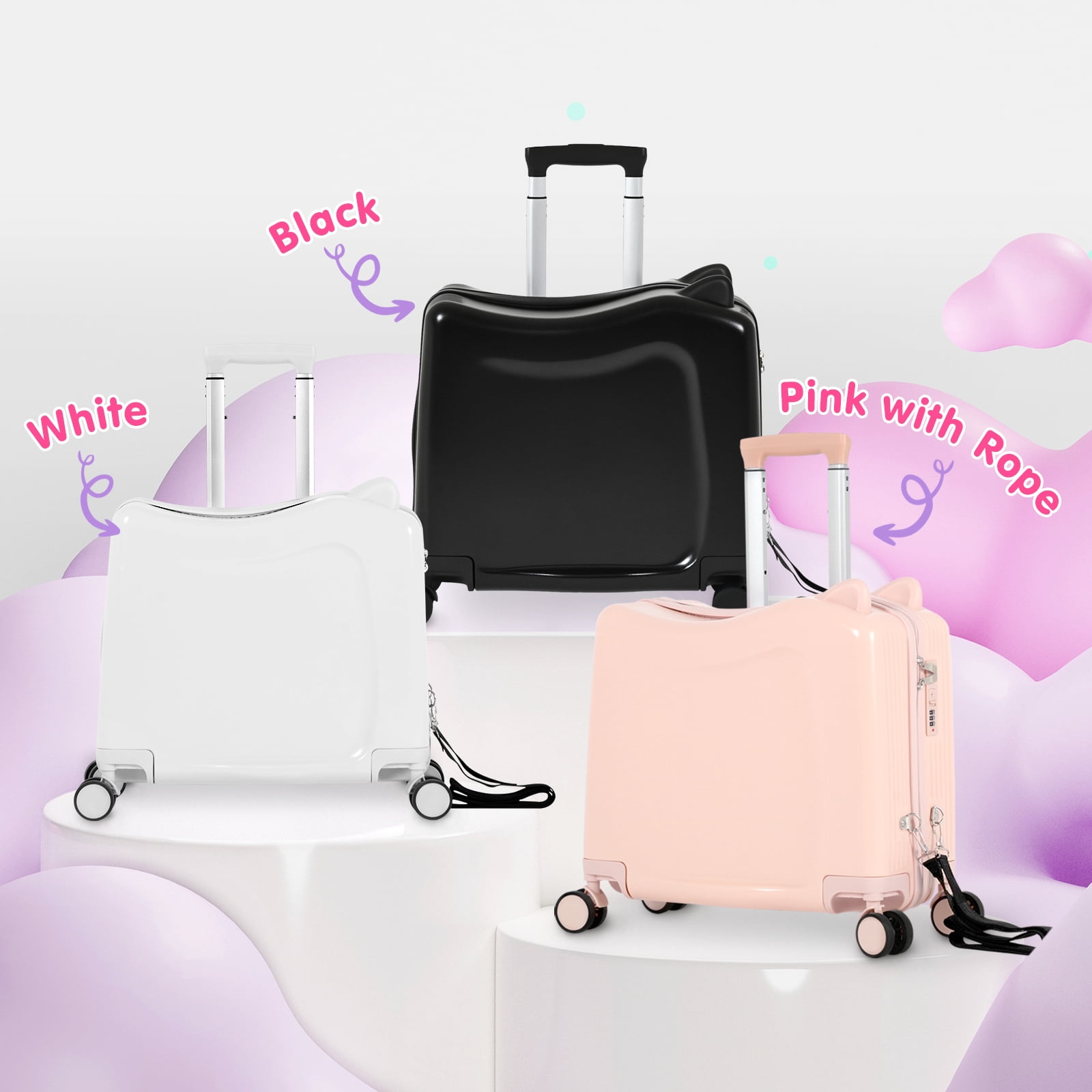 Advwin 20" Ride on Hardshell Suitcase with Spinner Wheels for Kids, Lightweight Trolley Luggage with Carry Strap, Carry on Travel Luggage with Lock, Black