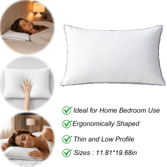Thin Soft Low Pillow 11.81*19.68in for Sleeping Low Profile Bed Pillow for Stomach and Back Sleepers Ergonomic Cervical Support Neck Pillow Breathable Cotton Feel Pillow Insert
