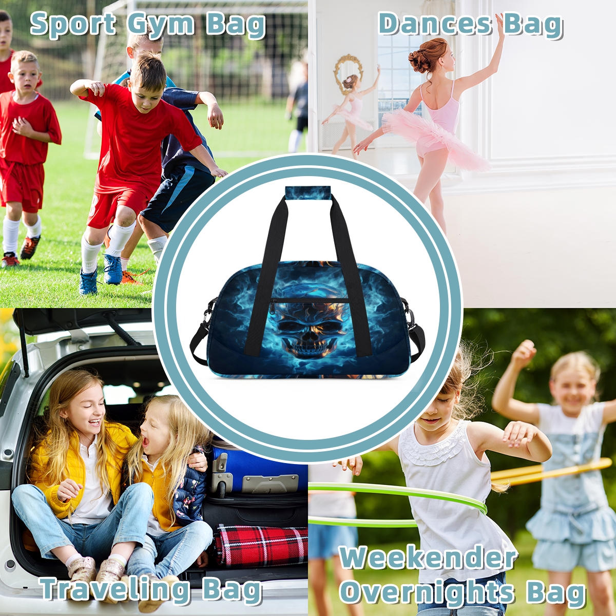 Herdesigns Skull Sports Duffle Bag for Women & Men, Gym Bag Dance Bag Overnight Bag Carry On Weekender Travel Bag