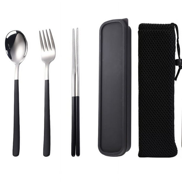 Xiao Hua Juego de 5 cubiertos de acero inoxidable de grado alimenticio, cubiertos para servir, vajilla y utensilios para comer, color negro plateado.