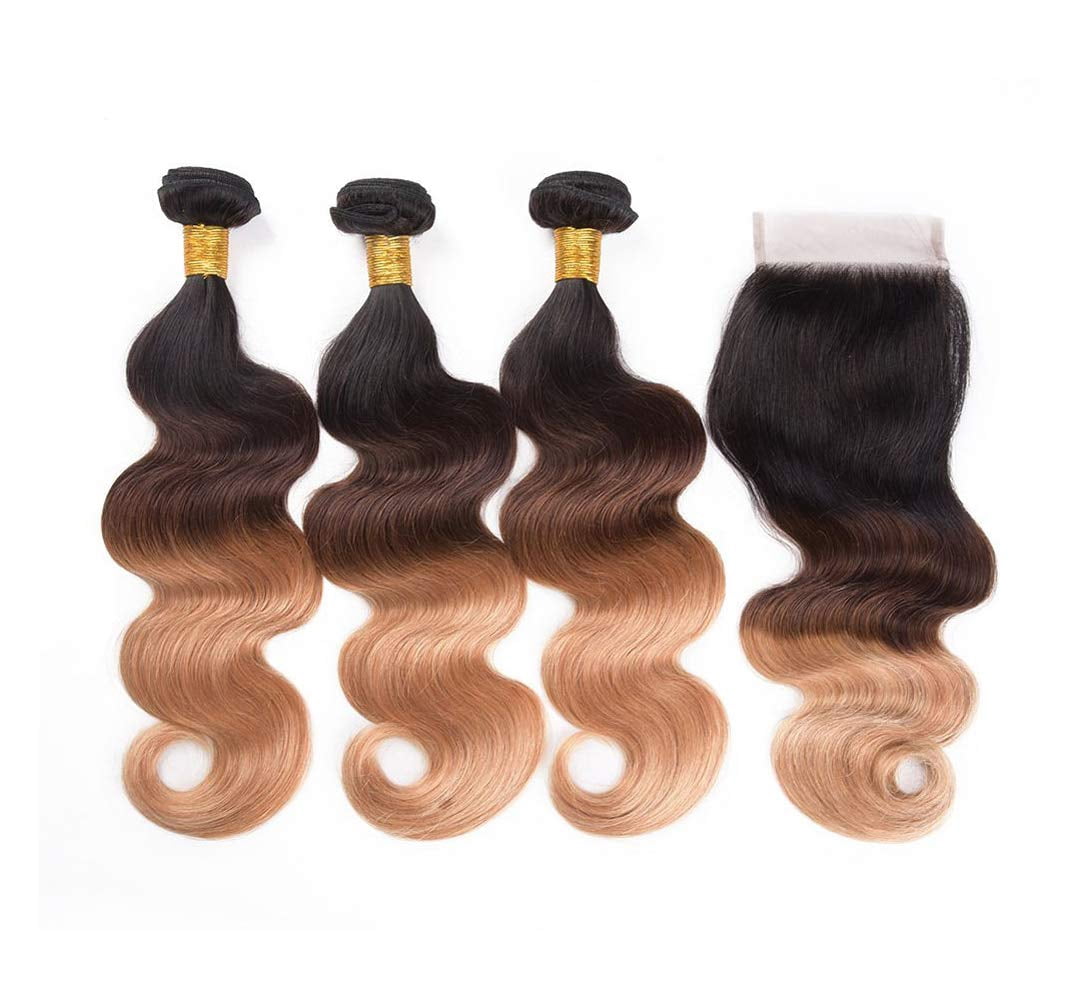 Ustar Unique Bargains Ombre Three Town#1B/4/27 Color Black Brown Blonde Brazilian 3 Bundles 100% Human Hair 10"12"14"inch with Lace Closure 10"