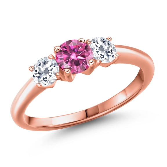 Gem Stone King 18K Rose Gold Plated Silver Pink Moissanite and White Topaz Engagement Ring for Women | 1.16 Cttw | Round 5MM | Gemstone Birthstone | Size 8