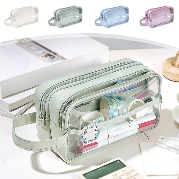 PoyoKee 1pc Cute Pencil Case, Transparent Large Capacity Cloth Pencil Pouch, Portable Rectangular Storage Pen Bag for Classroom Desk Organizer, Green