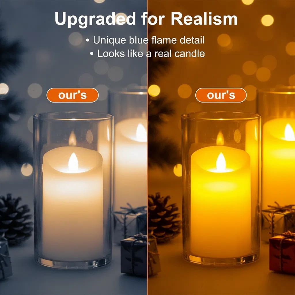 Goldprice Rechargeable Flameless Candle, LED Flickering Candles Tea Lights Pillar Candles Sets with Adjustable Brightness and Timing Remote, Battery Operated Acrylic USB Candles (D 3”×H 4”5”6”)