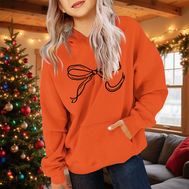Cowsor Cute Hoodie for Teen Girls Trendy Bow Print Preppy Hooded Sweatshirts Kids Pullover Long Sleeve School Outfits