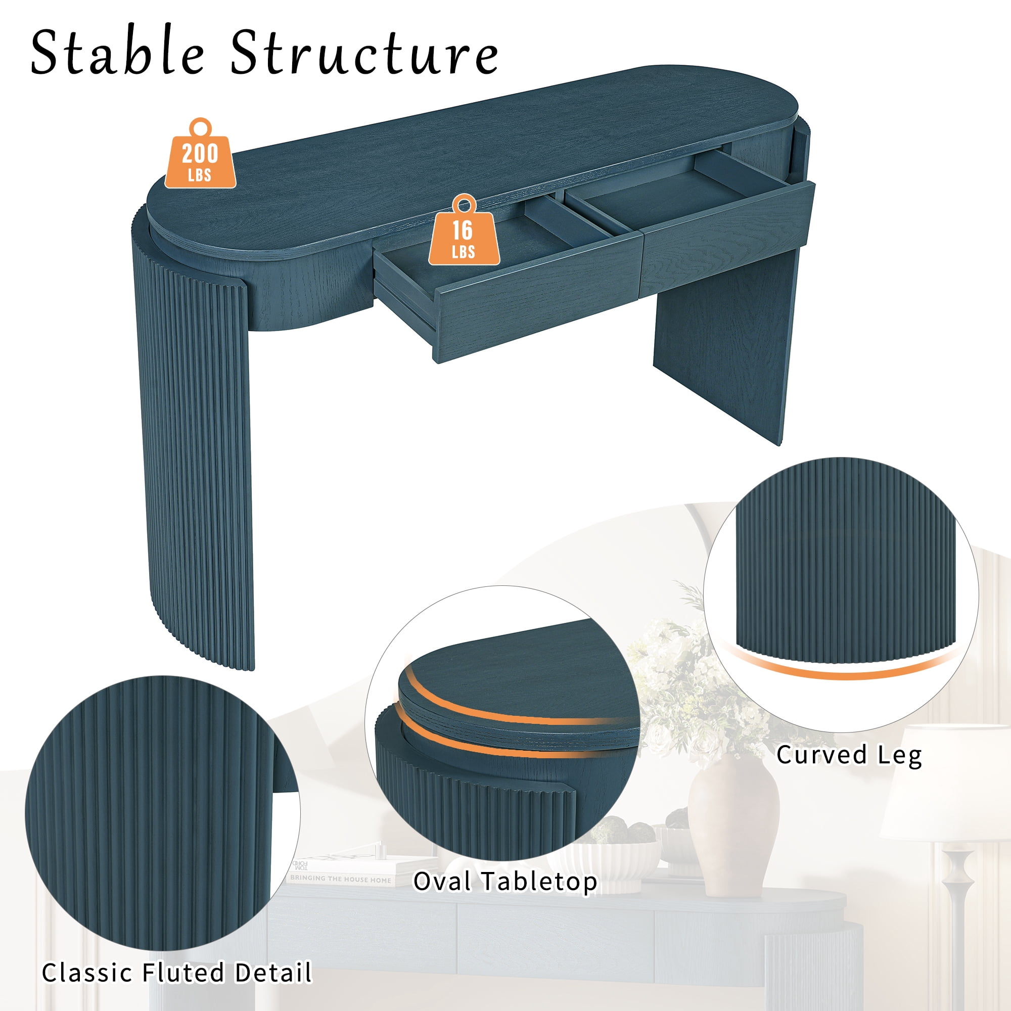 EUROCO 55" Entryway Table with Oval Top and 2 Drawers,Wood Console Table Sofa Table with Fluted Design for Living Room,Navy
