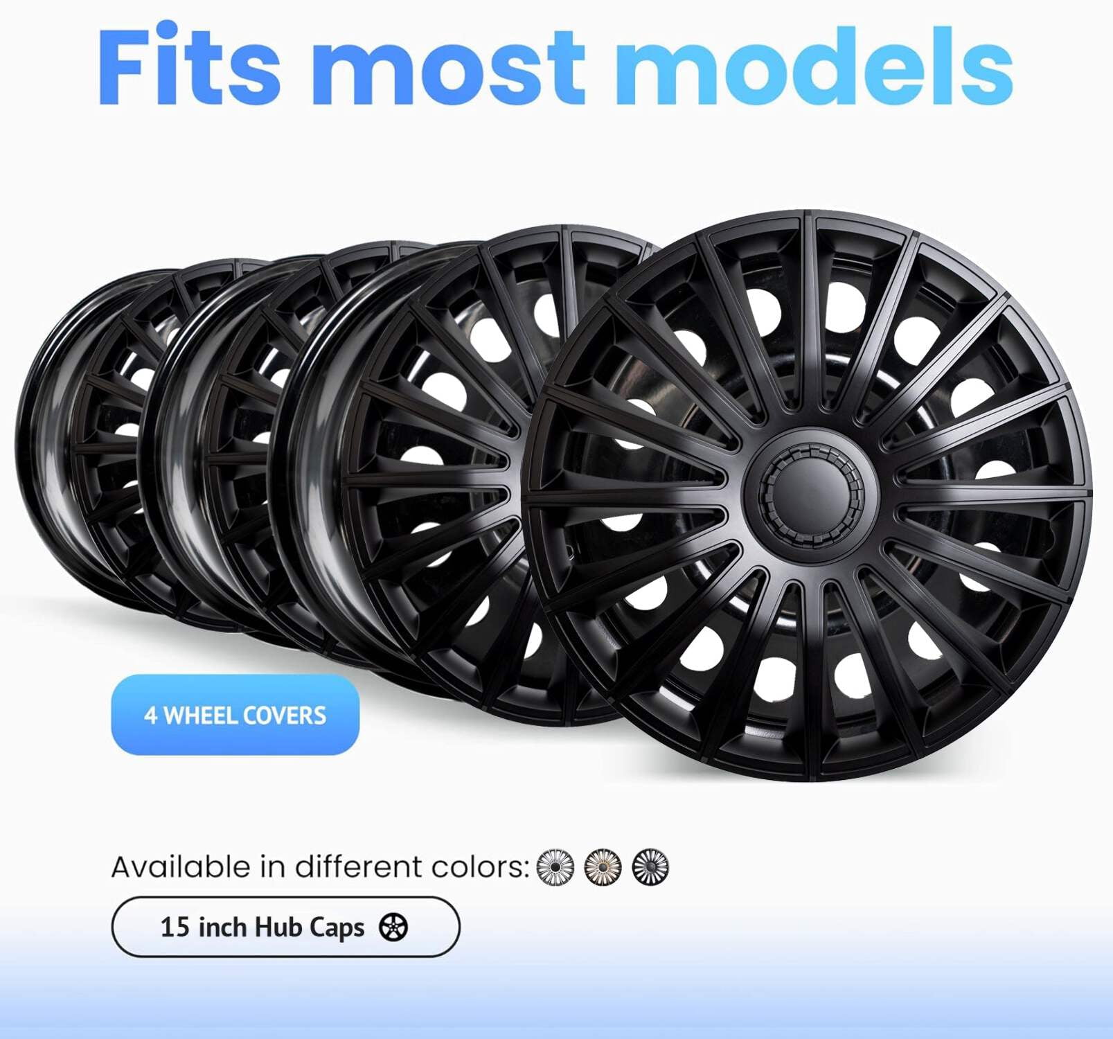 Alpena Austin Black Wheel Covers – Set of 4, European-Made Hubcaps – 15-Inch Universal Fit