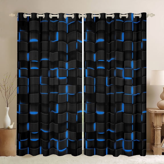 Manfei Modern 3D Square Kitchen Curtains, Neon Glow Black Out Curtains Pack of 2 (42x63 Each), Black Blue