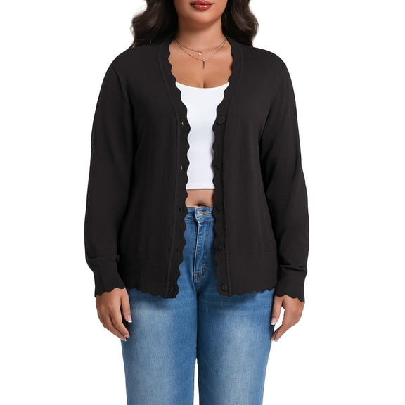 Cueply Plus Size Cardigan for Women Open Front Button V-Neck Long Sleeve Ribbed Wave Edges Lightweight Sweaters