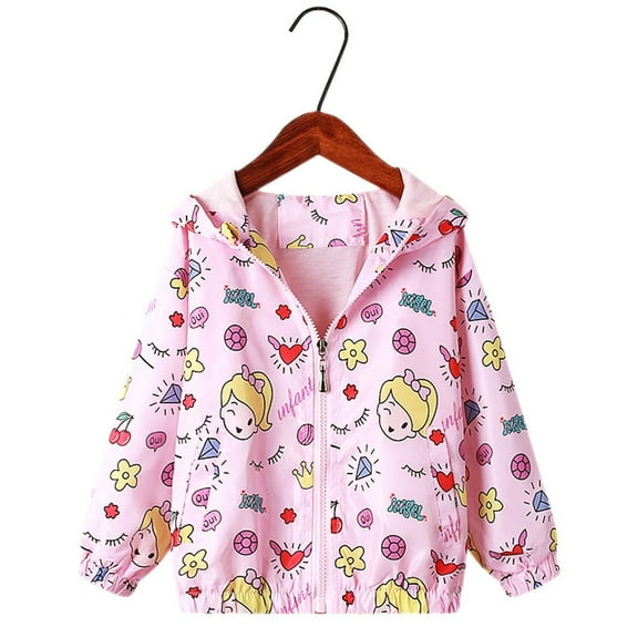 SGFCWSX Girls Hooded Jacket Lightweight Kids Coat Cute Print Outdoor Jackets Pink Size 6 Years