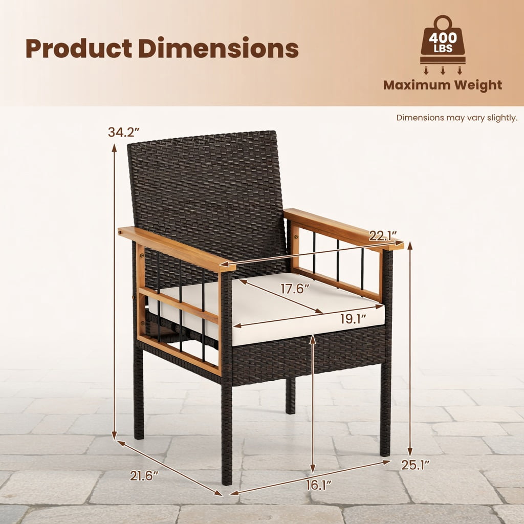 Hommoo 2-Piece Acacia Wood Patio Dining Chair Set with Removable Cushions, PE Rattan & Metal Frame, Ergonomic Design for Porch, Patio & Poolside, White