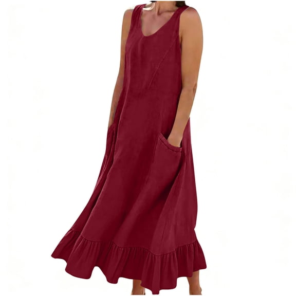 Fmbrln Dresses for Women Summer Sleeveless V Neck Tank Long Dress with Pockets Fashion Ruffle Hem Casual Loose Fit Solid Beach Vacation Sundress