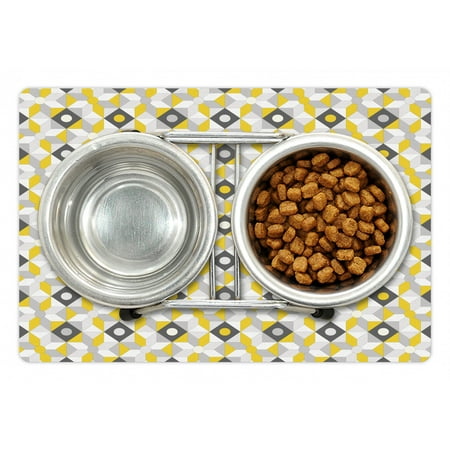 Grey And Yellow Pet Mat For Food And Water Geometric Retro 60s
