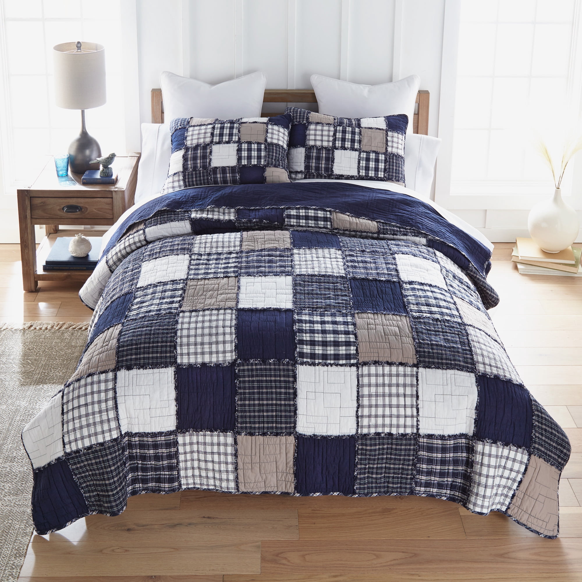 Donna Sharp Checkerboard Indigo Queen Pieced Cotton 3PC Quilt Set