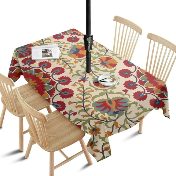 Outdoor Pioneer Tablecloth with Umbrella Hole and Zipper,Rectangle Waterproof Wrinkle Free Table Cloth Decorative Fabric Washable Table Cover for Patio, Party, Picnic 60 X 84 Inch