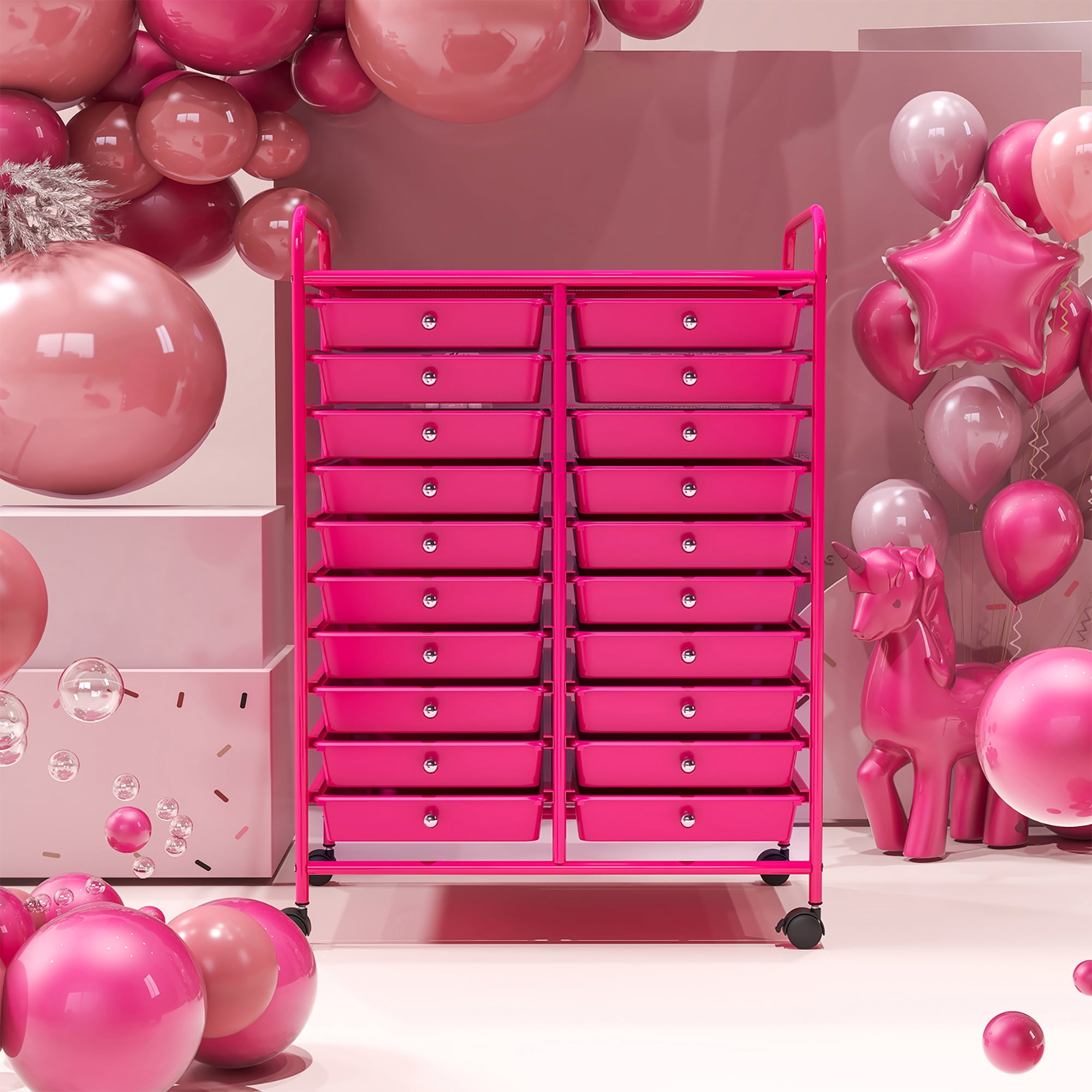 Gymax Rolling Storage Cart Art Craft Organizer on Wheels Multipurpose 20 Drawers Hot Pink