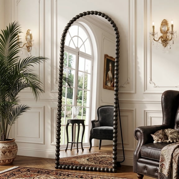 Antok 57"x21" Arched Full Length Mirror, Beaded Metal Frame Floor Mirror, Black