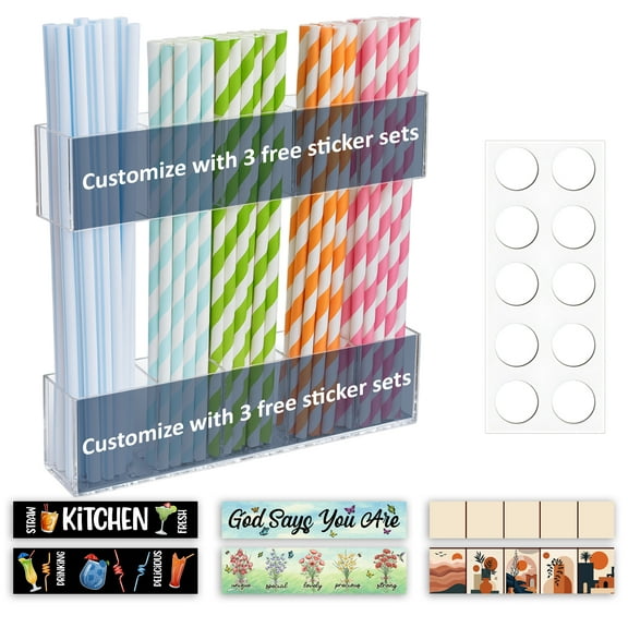 TAVINE Acrylic Straw Holder for Cabinet Door or Countertop, Clear Organizer and Dispenser for Reusable Tumbler Straws, Space-Saving Kitchen Storage Rack with Strong Adhesive