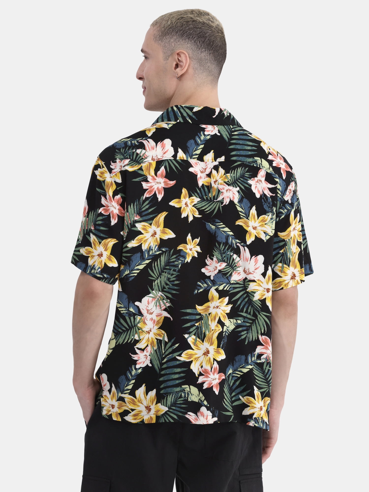No Boundaries Men's & Big Men's Rayon Print Button Up Shirt with Short Sleeves, Sizes XS-5XL