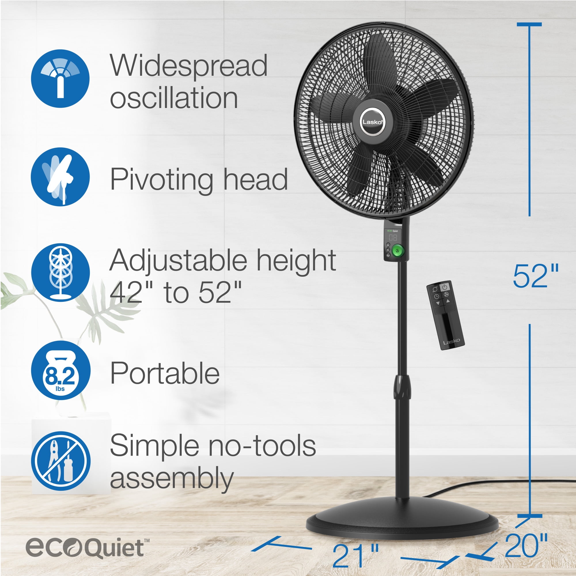 Lasko WhisperForce 18" 12 Speed Oscillating Remote Control DC Motor Pedestal Fan, Black, S18708