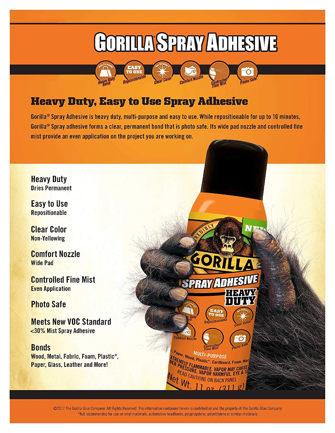 Gorilla Heavy Duty Spray Adhesive, Multipurpose and Repositionable, 11  ounce, Clear