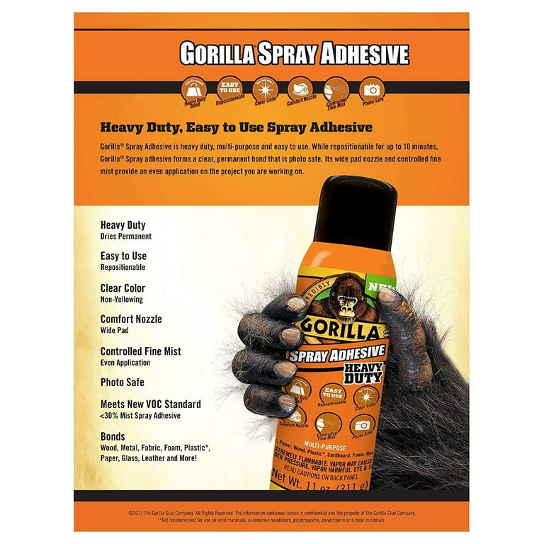 Gorilla Heavy Duty Spray Adhesive, Multipurpose and Repositionable, 11  ounce, Clear
