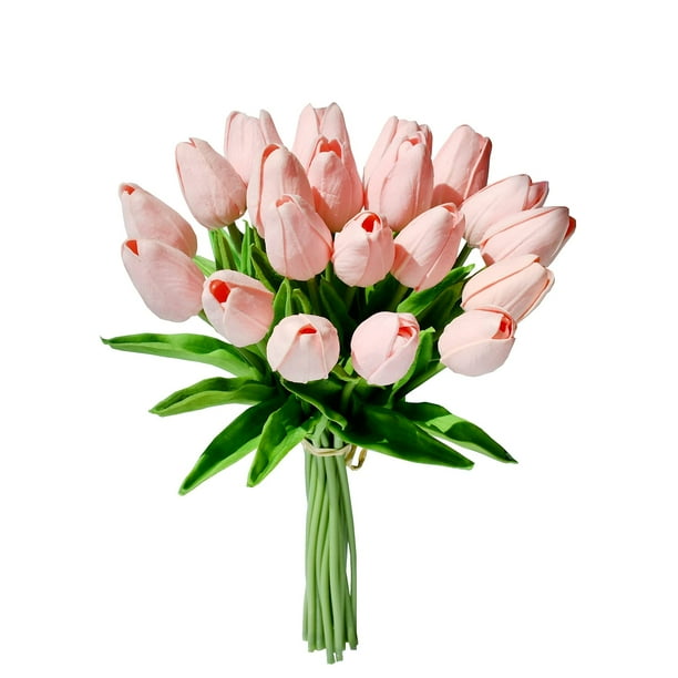 Tulipanes artificiales Mandy's de poliuretano sintético de color rosa claro, 20 tallos, 34 cm