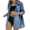 thumbnail image 5 of Women Button Down Denim Shirt Long Sleeve Roll Up Casual Oversized Jean Jacket Distressed Tunic Top, 5 of 7