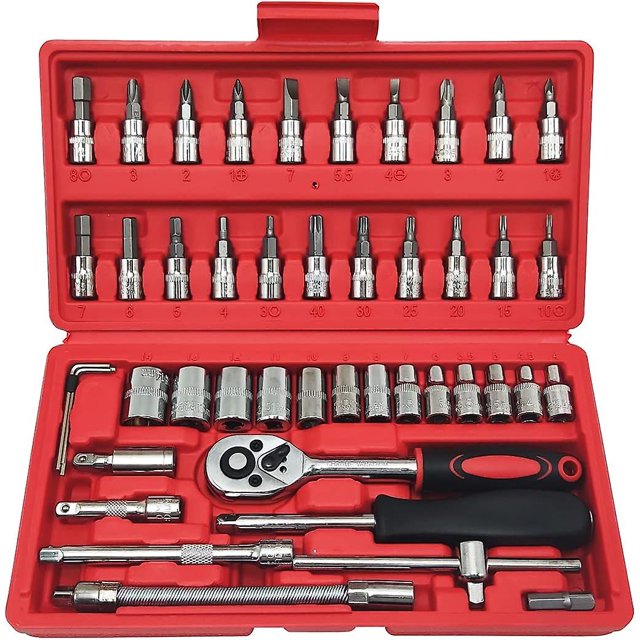 Llave de tubo, juego de 46 piezas, caja de trinquete, caja de herramientas mecánicas, utilizada para el hogar, automóvil, motocicleta (46 piezas)