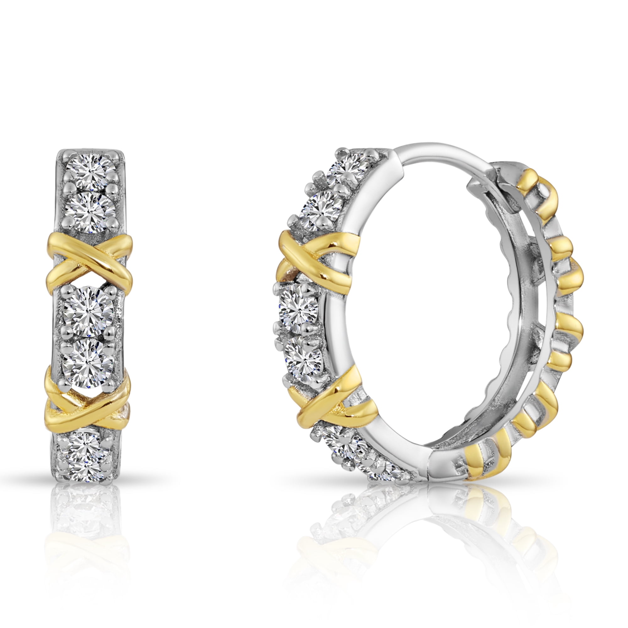 Tilo Jewelry Two-Tone Gold Plated 925 Sterling Silver X Cross-Stitch Huggie Hoop Earrings with Cubic Zirconia CZ Stones | Everyday Statement Earrings for Women & Unisex