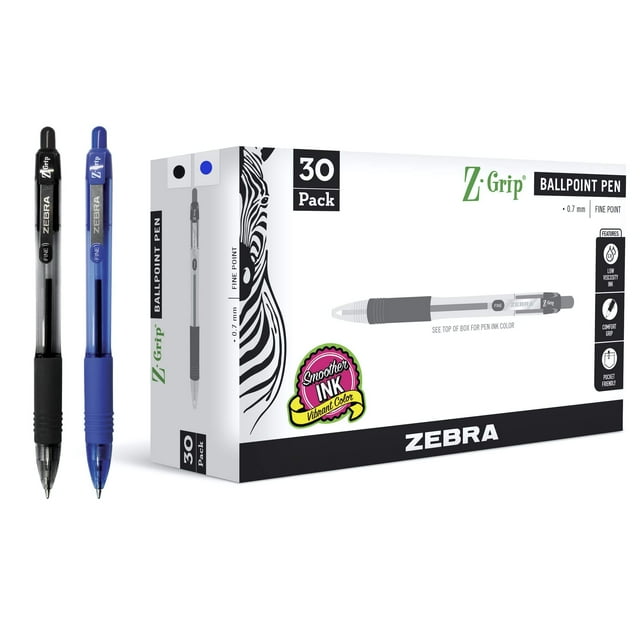 Zebra Pen Z-Grip Retractable Ballpoint Pen, Fine Point, 0.7mm, Black/Blue Ink, 30-Pack, Assorted