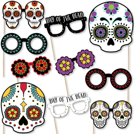 Day of The Dead Glasses and Masks - Paper Card Stock Halloween Sugar Skull Party Photo Booth Props Kit - 10 Count