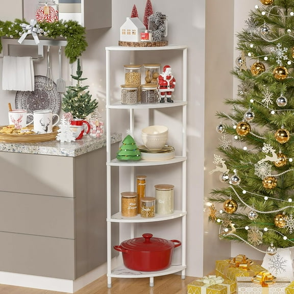 5 Tier Corner Shelf Stand, 44.1" Kitchen Shelf Organizer with Metal Frame, Small Corner Shelf for Bathroom Organization & Storage, Marble White Corner Shelf for Kitchen Decor Accessories
