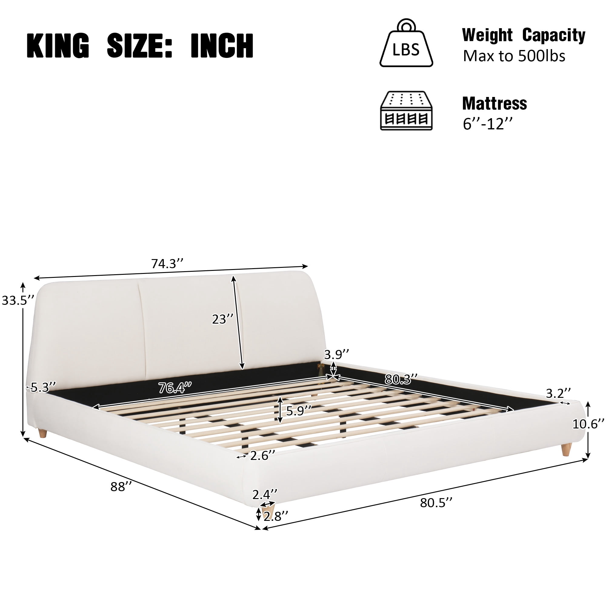 King Size Modern Upholstered Bed Frame with Linen Blend Fabric & Solid Wood Legs, Platform Bed with Thick Padded Headboard for Bedroom, White
