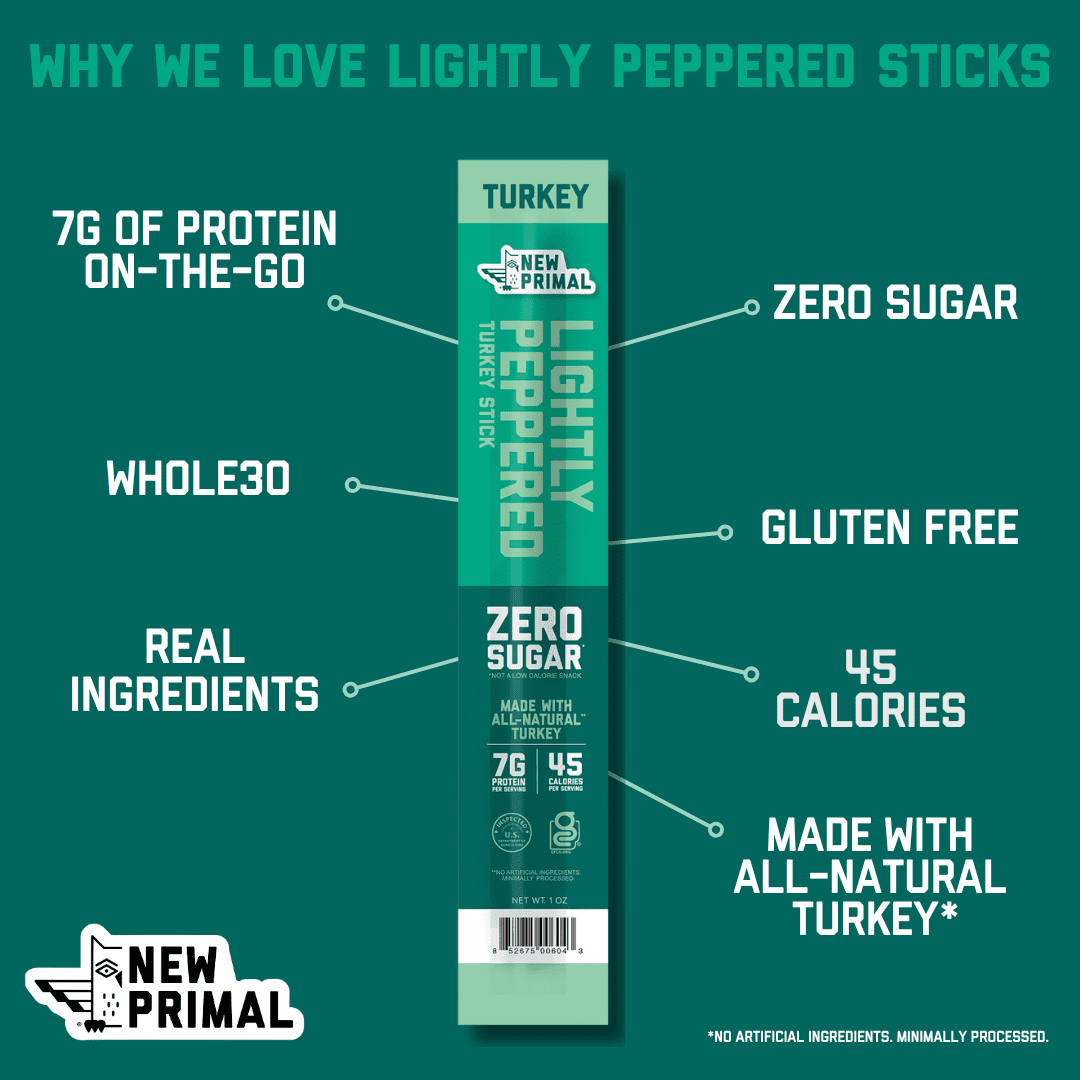 The New Primal Lightly Peppered Turkey Sticks, Keto, Gluten Free, High Protein, 20 Ct