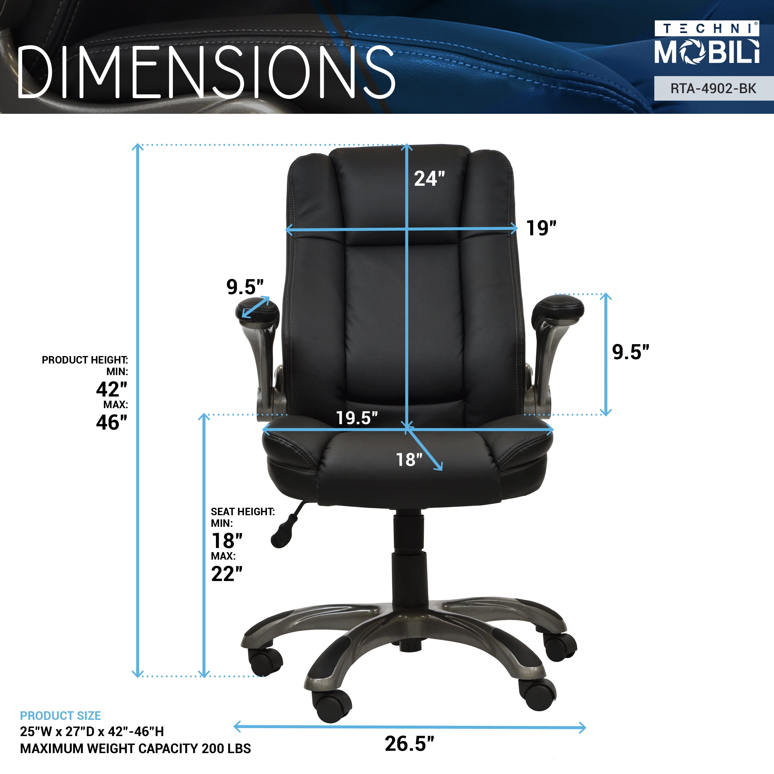 Techni Mobili Ergonomic Faux Leather Office Chair – Ultra-Padded Executive Desk Chair with Flip-Up Armrests, Height Adjustable, Tilt Control, and Smooth-Rolling Wheels, Black