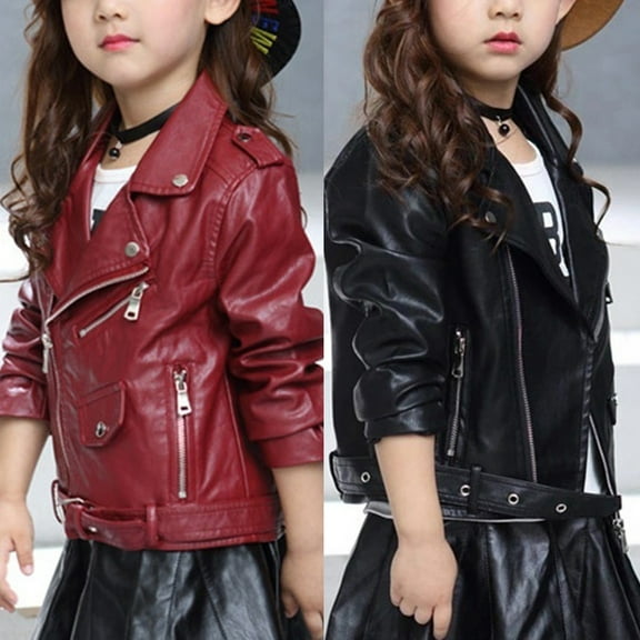 Feancey Girls Faux Leather Jacket Windproof Motorcycle Jackets for Kids Boys PU Zip Up Cropped Jacket Belted Fashion Bomber Jackets with Pockets Black 110