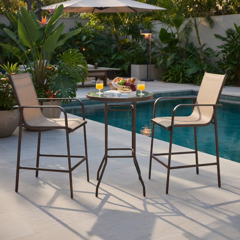 Hommoo 3-Piece Outdoor Patio Bar Set, Steel Frame with Tempered Glass Table and Fabric Upholstered Stools for Backyard, Poolside & Garden, Brown