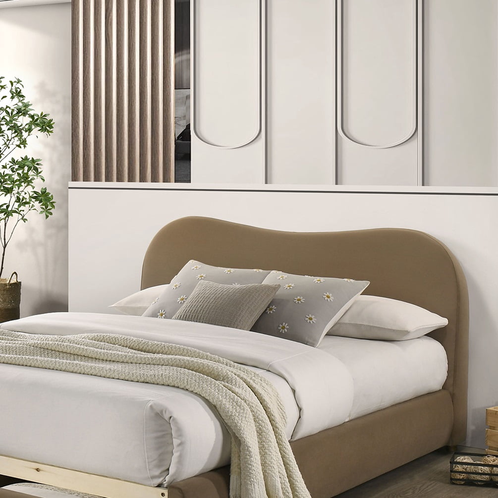 Bed Frame Beautiful 1pc Queen Size Bed Curved Design Velvet Brown Color Upholstered Headboard Storage FB Bedroom Furniture Bedframe