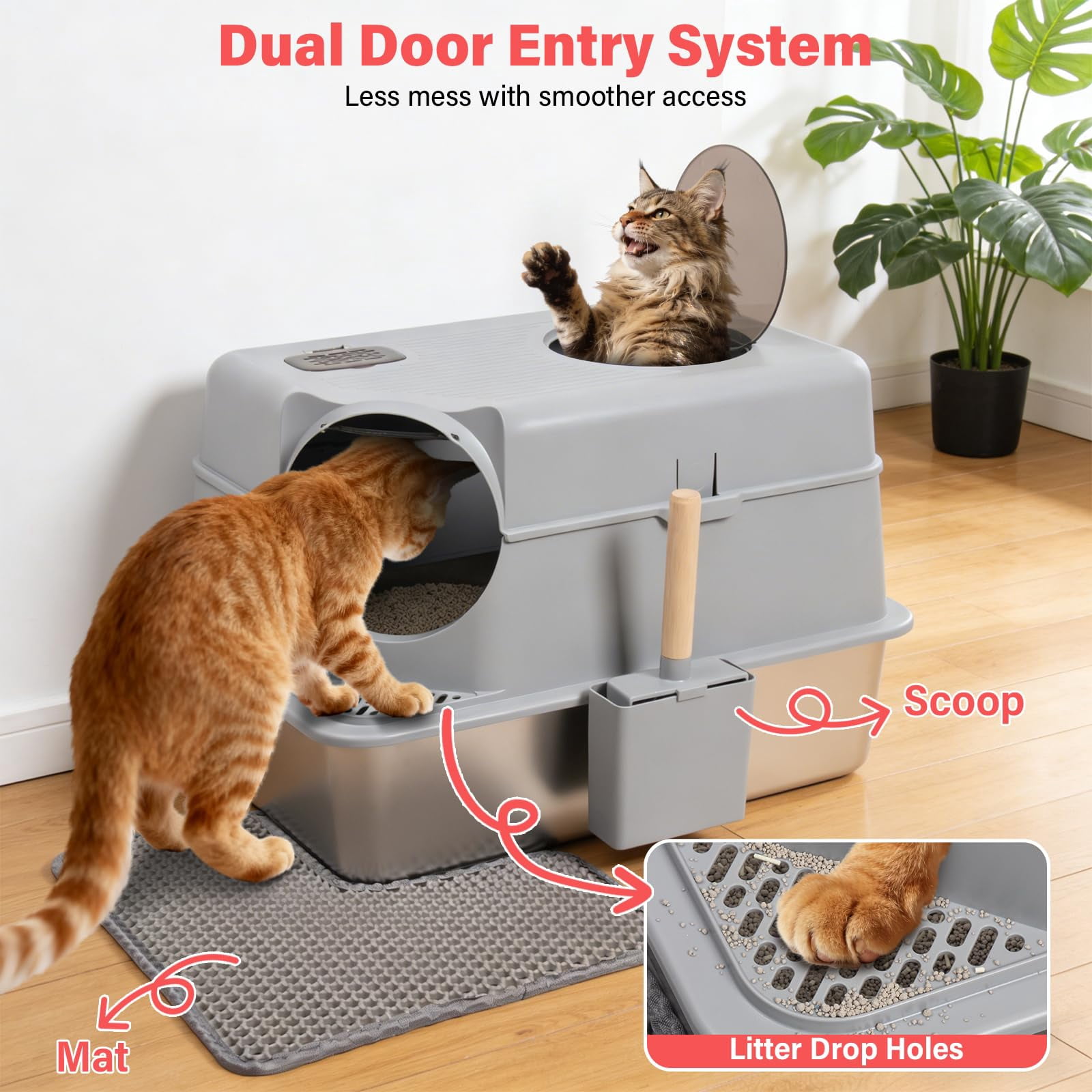 Enclosed Stainless Steel Cat Litter Box With Lid  Xl Large Metal Odor-free/anti-leakage & Non-stick/easy Clean High Sided Mat Scoop For Big Cats