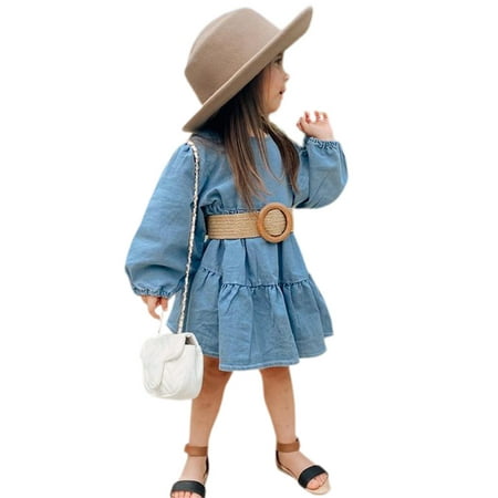 

Sunisery Toddler Baby Kids Girls Autumn Dress with Belt Denim Ruffle Long Sleeve A-Line Knee Length Dress Clothes Blue 2-3 Years