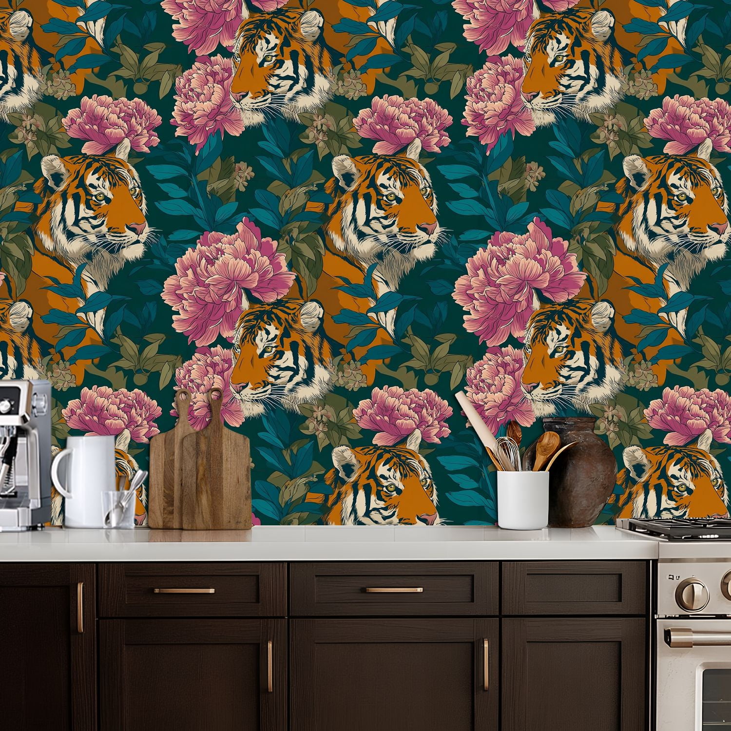 Peel and Stick Wallpaper 17.7in x 9.8ft Tiger Peony Floral Jungle Dark Teal Contact Paper Vinyl Self-Adhesive Removable Wall Paper for Bedroom DIY Home Decor Renter Friendly