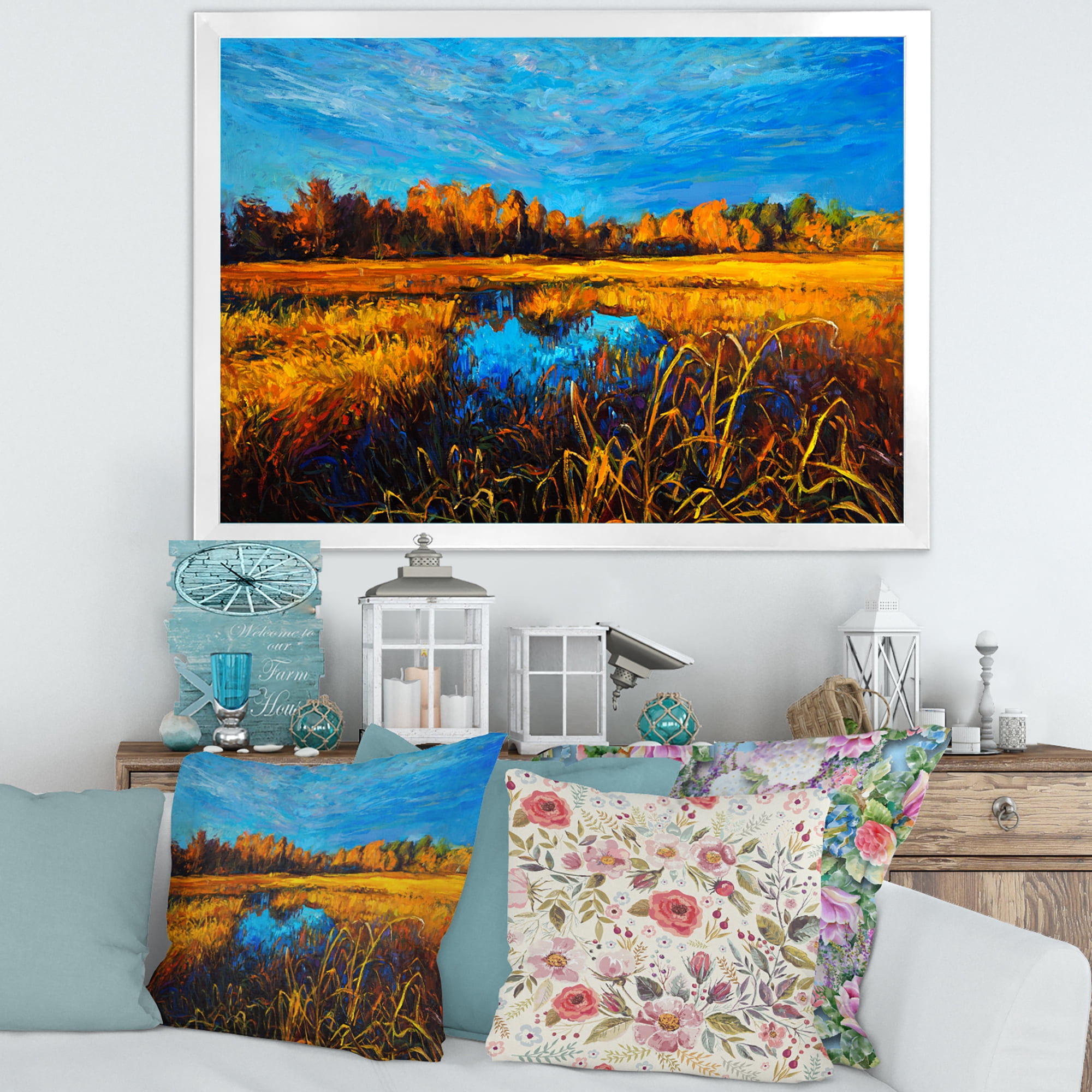 Designart 'A Light Blue Sky Over Orange Meadows' Traditional Framed Art Print